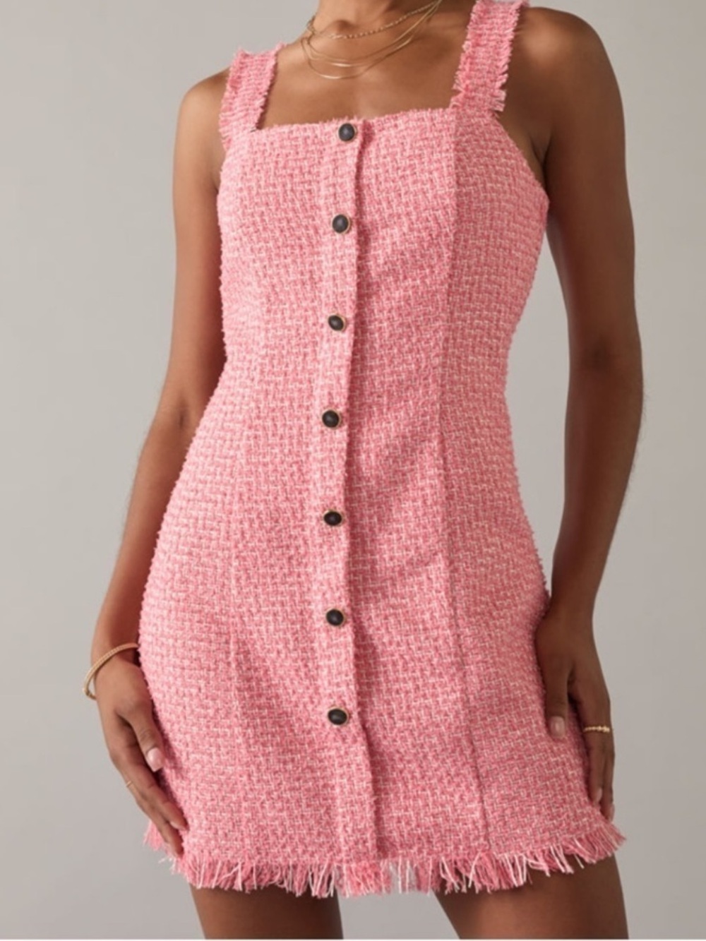 Francesca’s Dress Women XS Tweed Mini Button Front Barbie Nikki Shift Pink